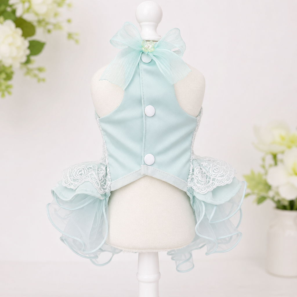 Mint Blue Princess Dog Dress with Lace Bow