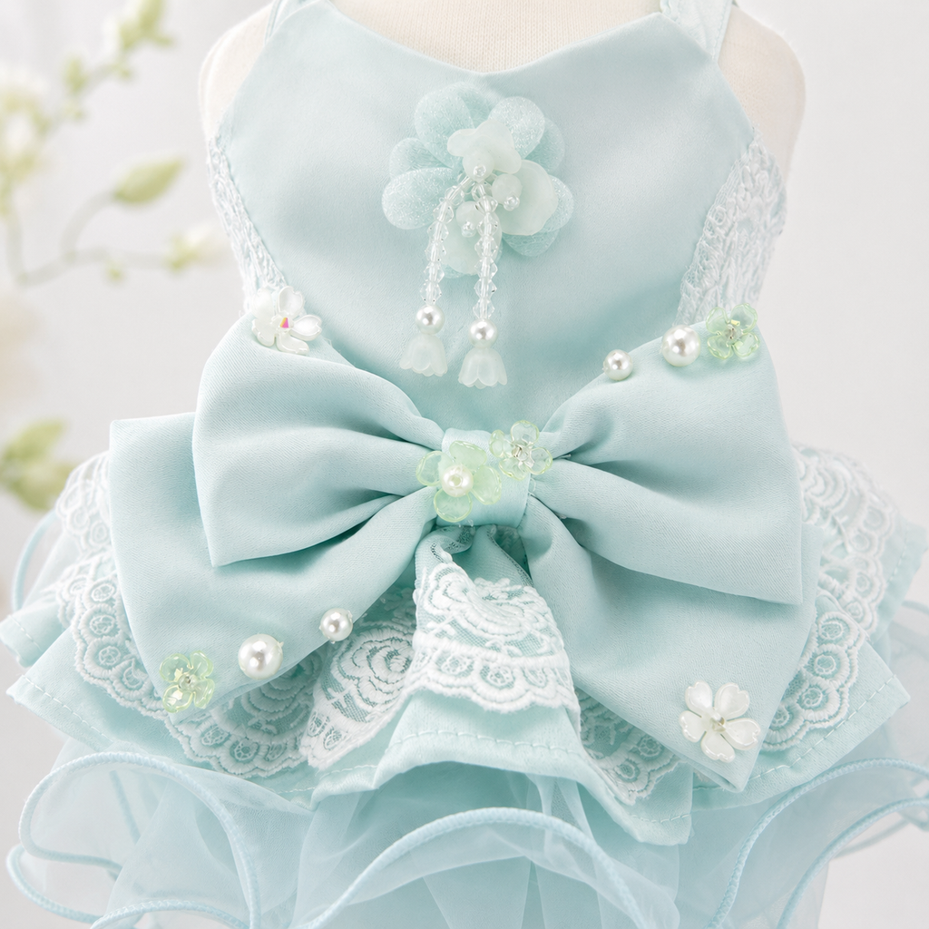 Mint Blue Princess Dog Dress with Lace Bow
