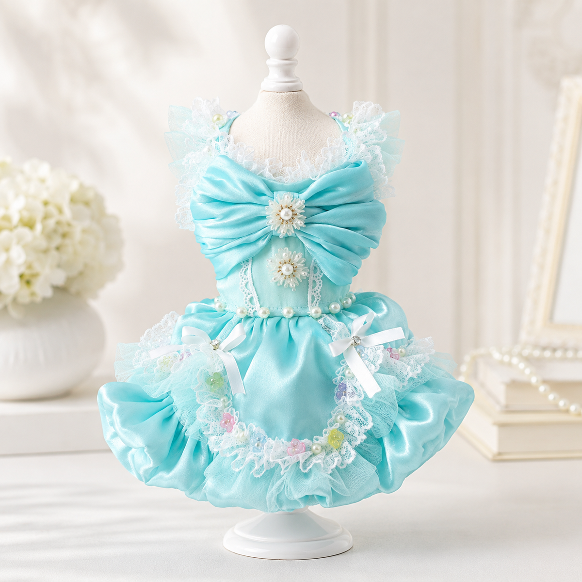 Aqua Blue Princess Dog Dress with Lace Bow
