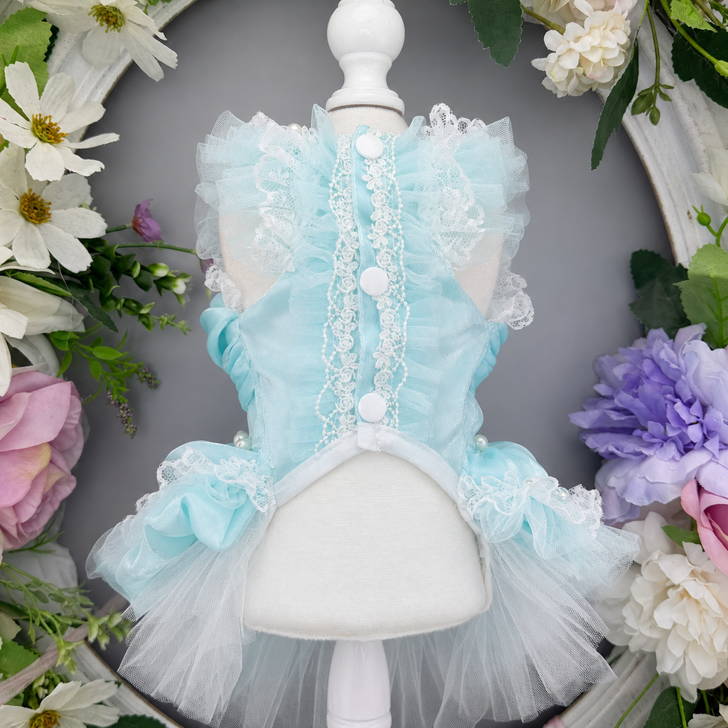 Aqua Blue Princess Dog Dress with Lace Bow