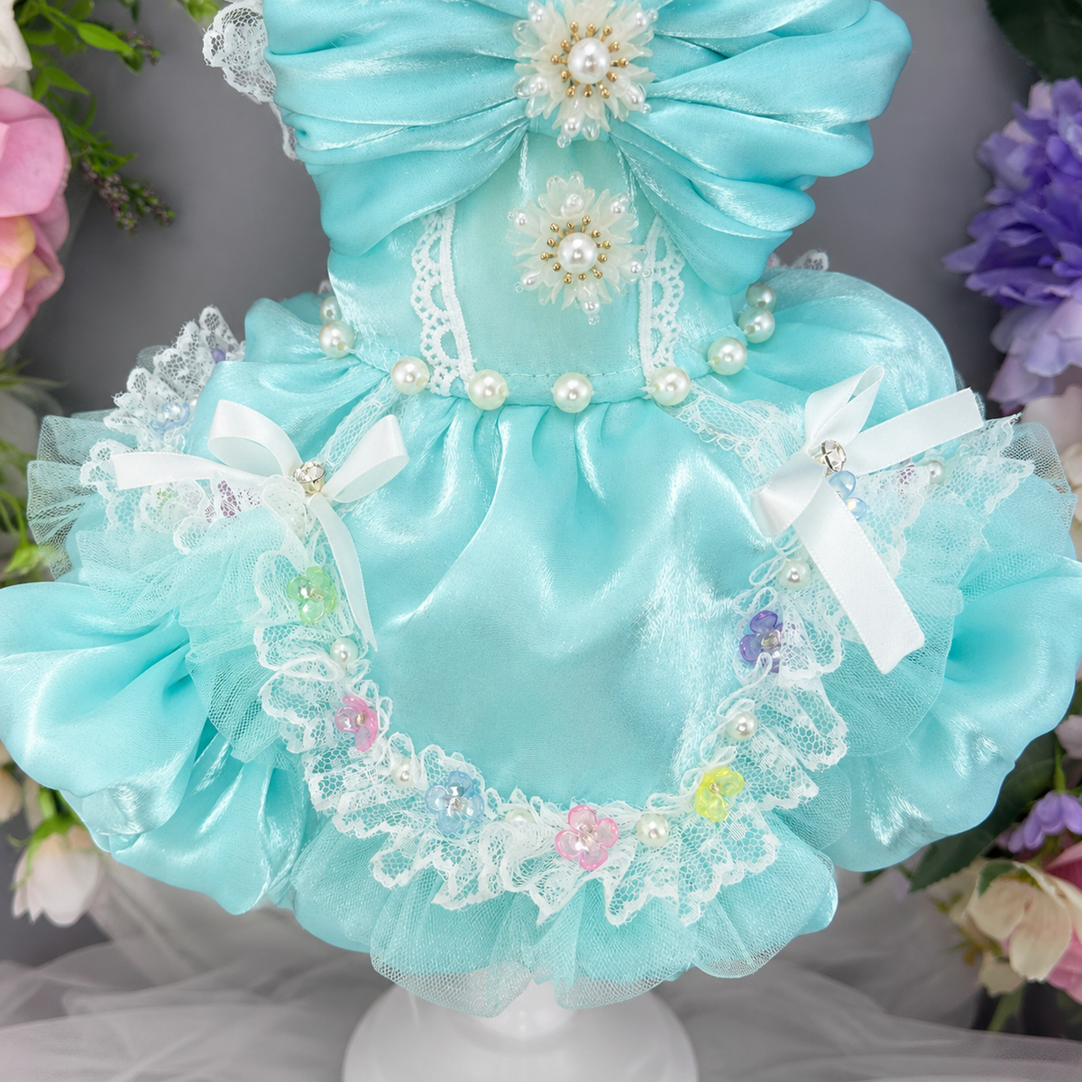 Aqua Blue Princess Dog Dress with Lace Bow