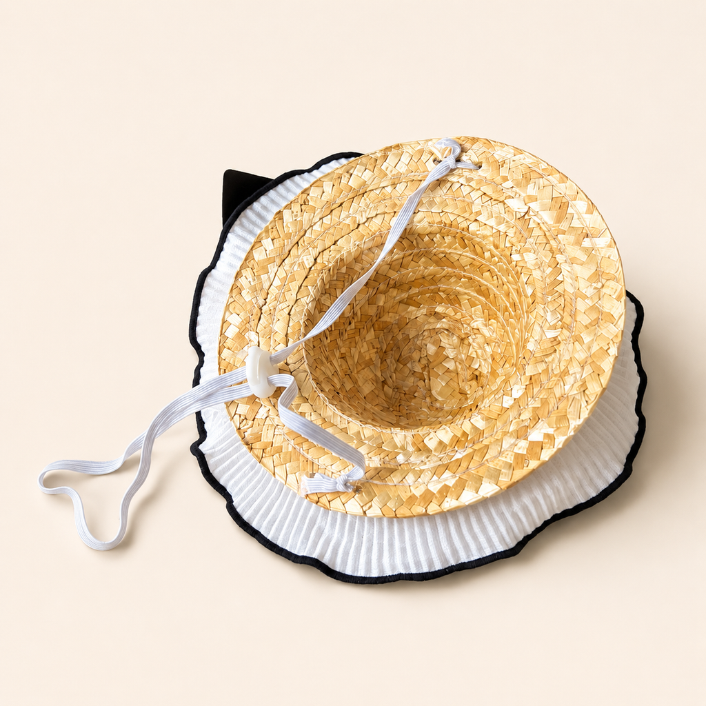 White Lace Straw Pet Hat with Black Bow
