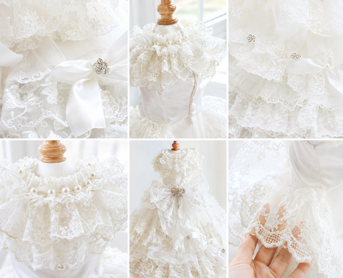 Luxury Victorian Lace Dog Gown with Pearl Bridal Detail