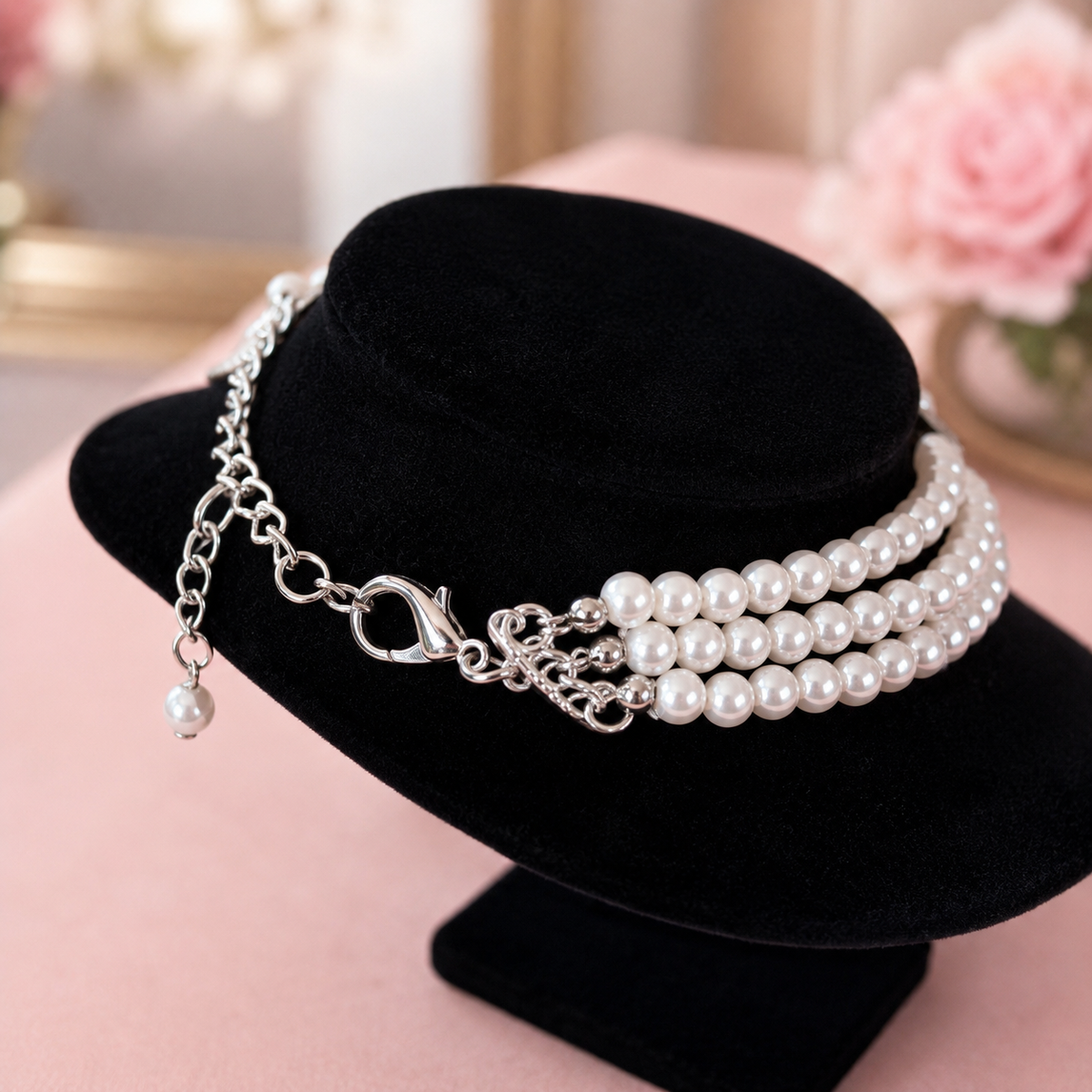 Four-Row Pearl Rose Pet Necklace