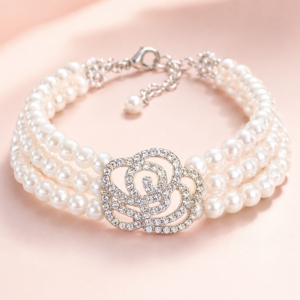 Four-Row Pearl Rose Pet Necklace