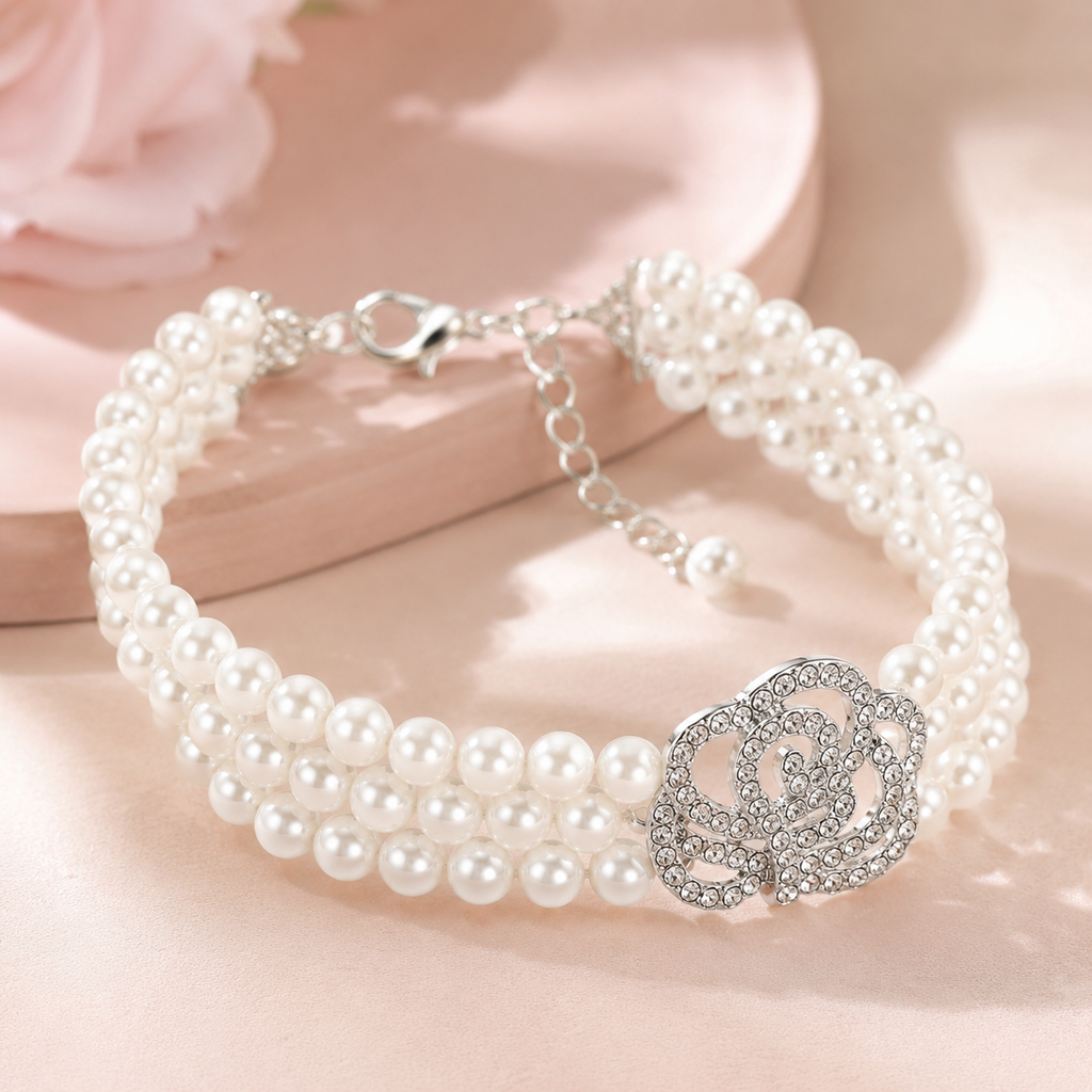 Four-Row Pearl Rose Pet Necklace