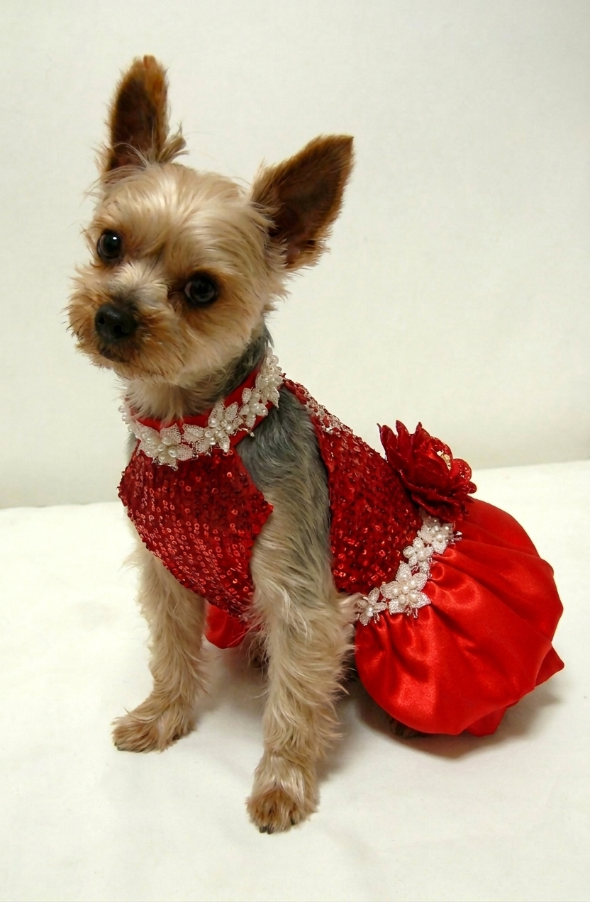 Red Sequin Dog Dress with Pearl Lace Details
