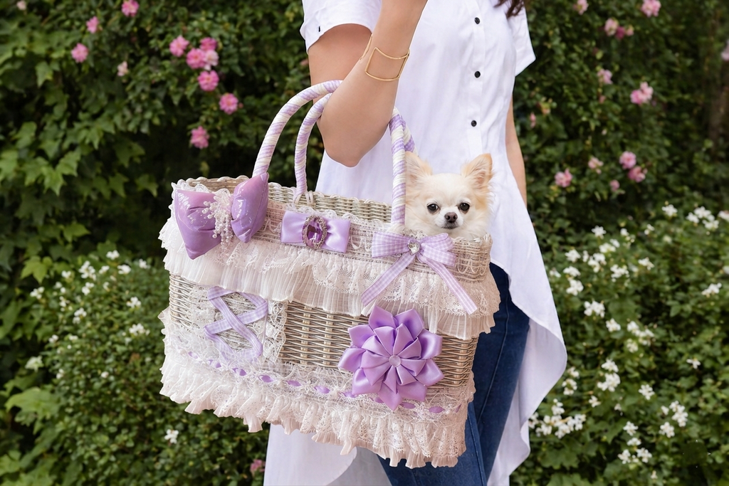 Lavender Lace Wicker Pet Carrier Basket