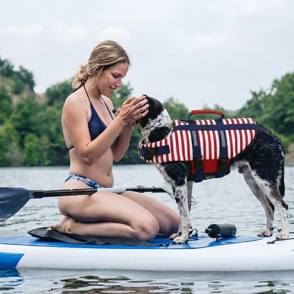 Red White Navy Dog Life Jacket with Handle