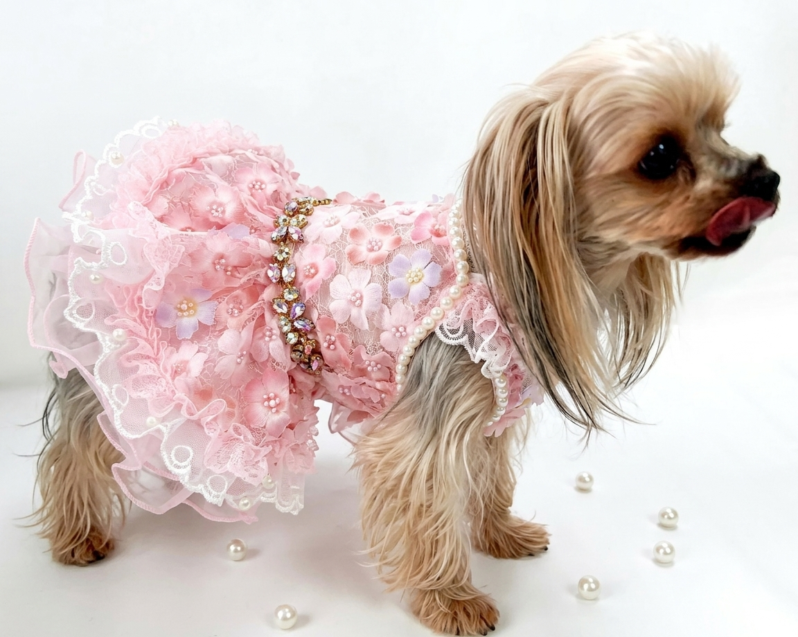 Pink Floral Dog Dress with Pearl Lace