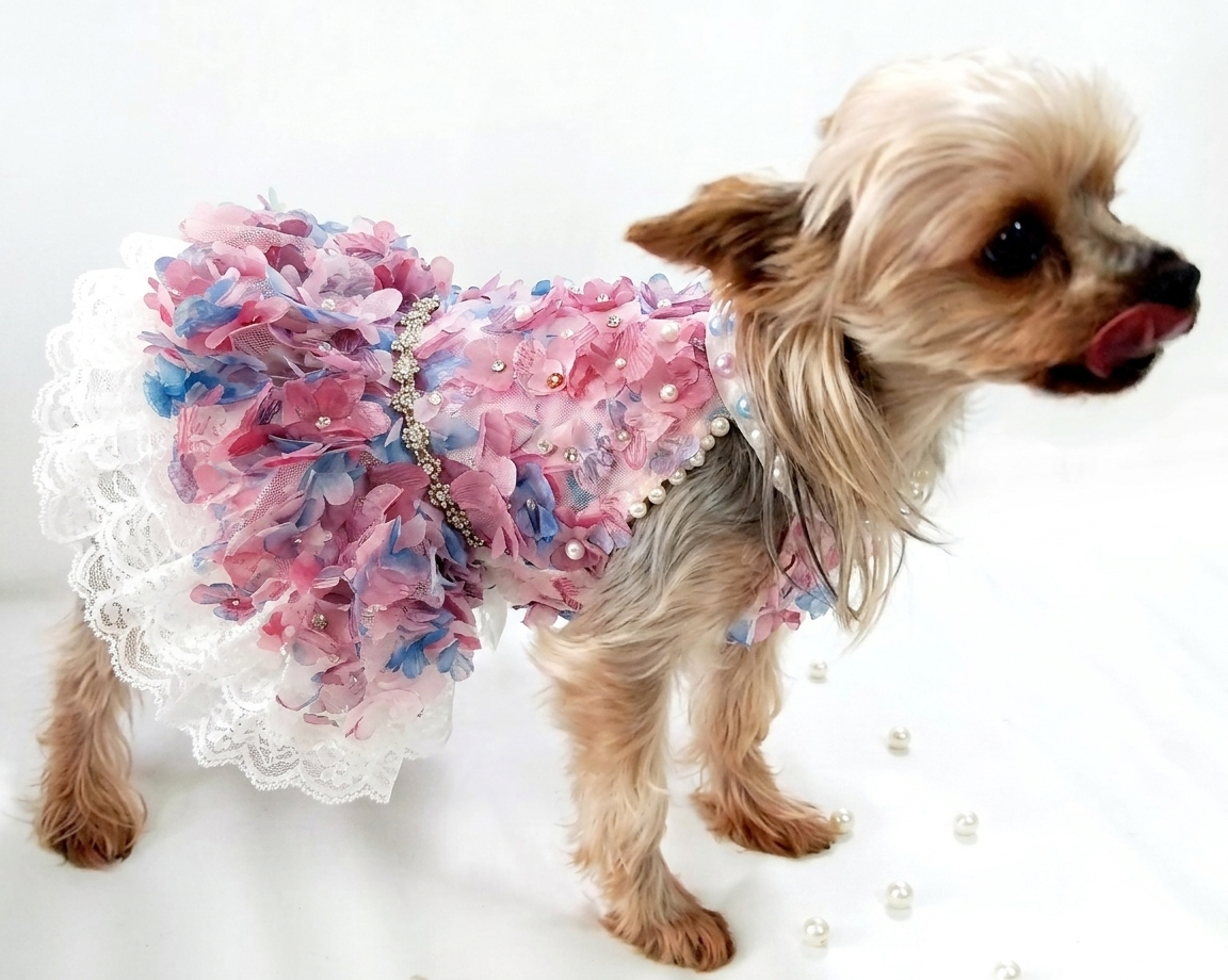 Handmade Pastel Floral Dog Dress with Pearl Collar and Lace Tutu