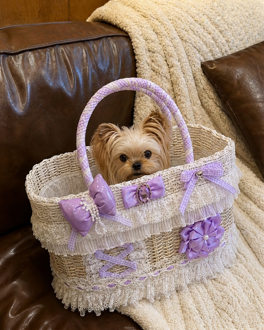 Lavender Lace Wicker Pet Carrier Basket