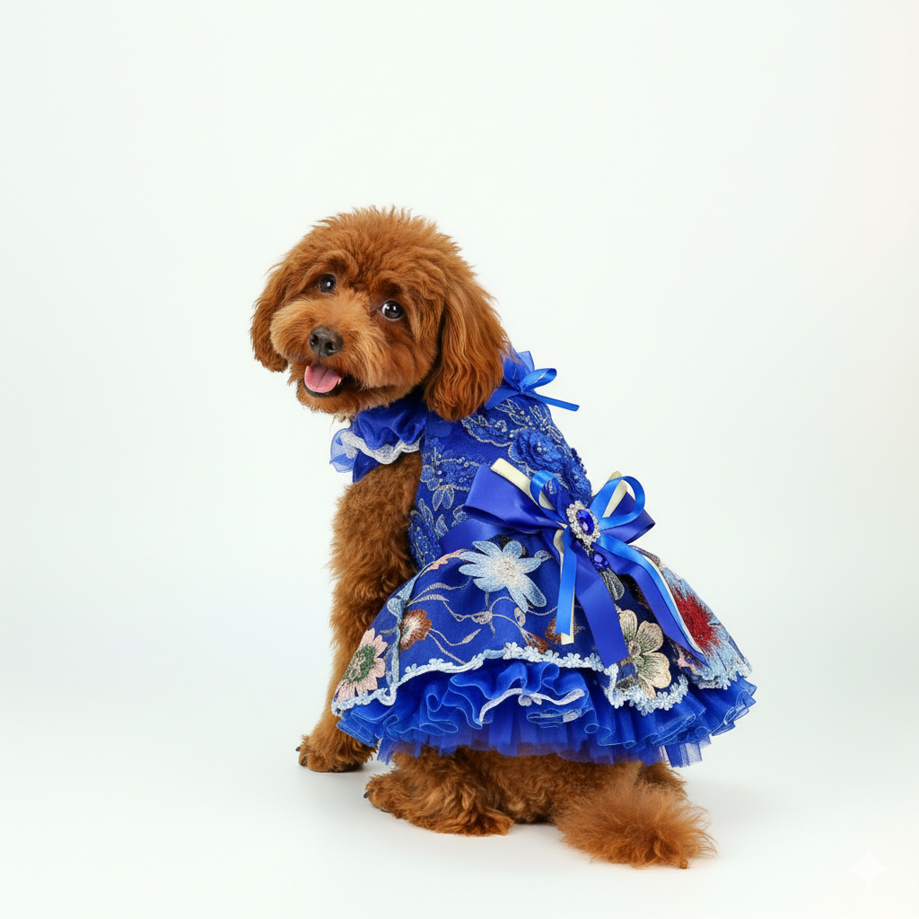 Royal Blue Blossom Dog Dress with Floral Tutu Skirt
