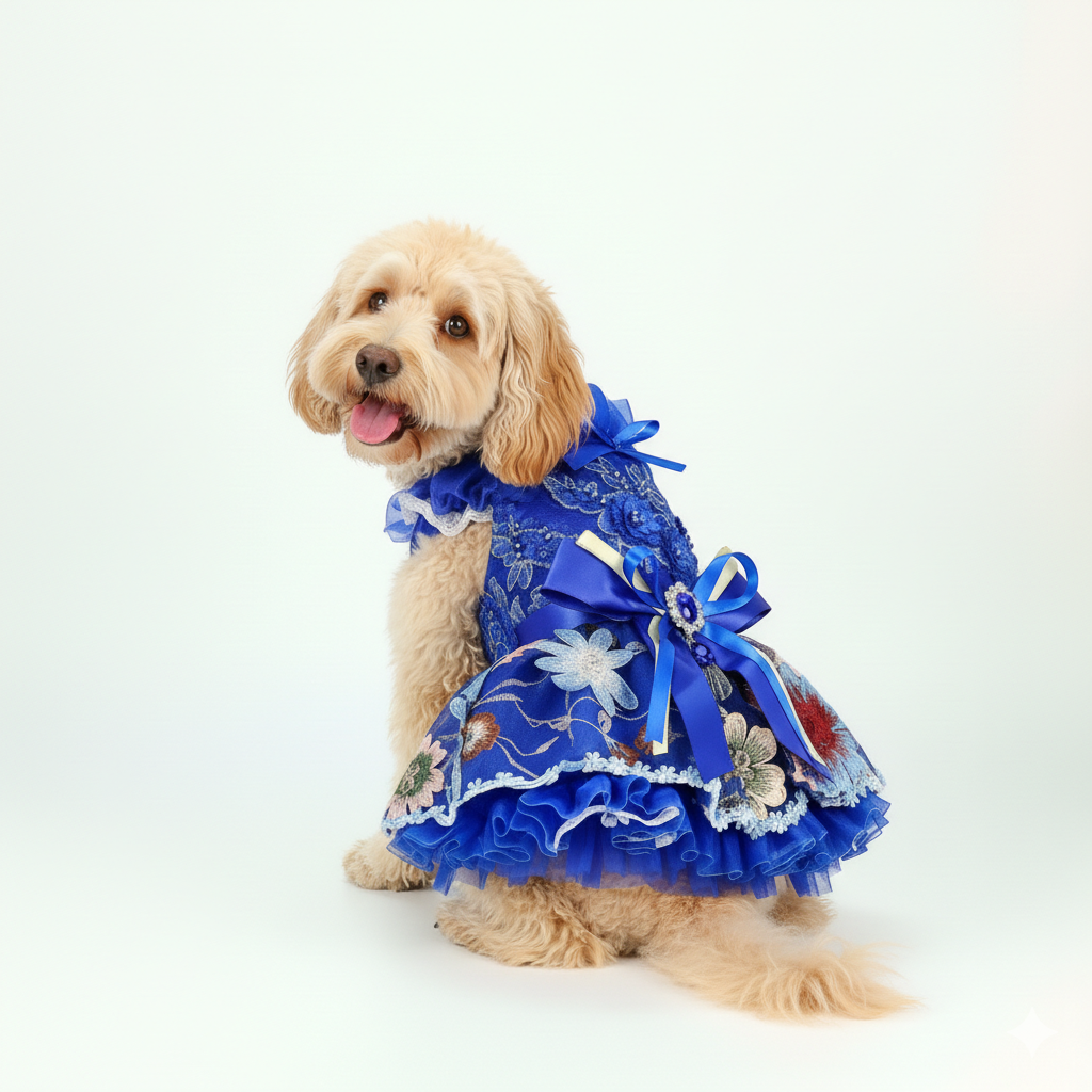 Royal Blue Blossom Dog Dress with Floral Tutu Skirt