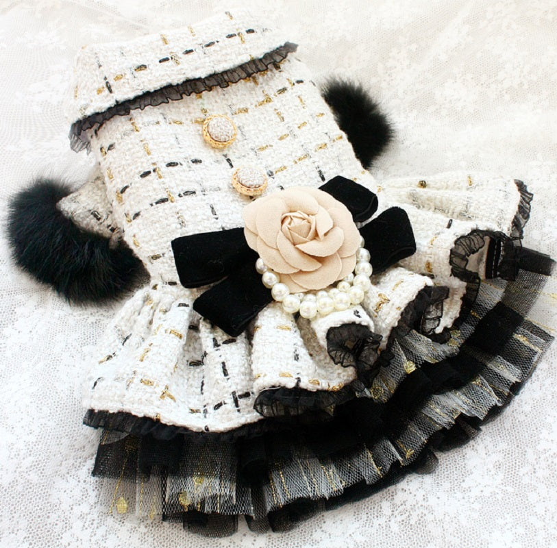 Luxury Tweed Dog Dress with Fur Trim
