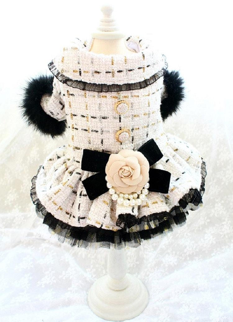 Luxury Tweed Dog Dress with Fur Trim