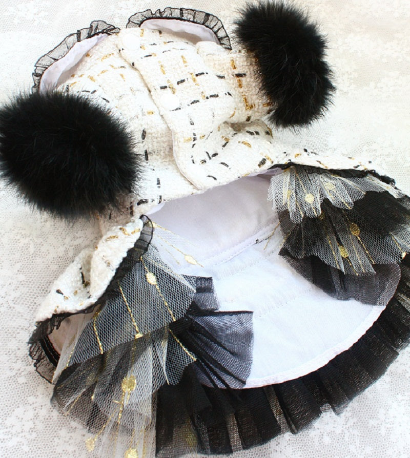 Luxury Tweed Dog Dress with Fur Trim