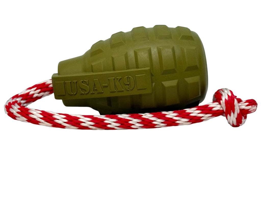 USA-K9 Grenade Shaped Rubber Dog Toy - Chew, Treat Dispenser & Tug Toy | USA - Army Green
