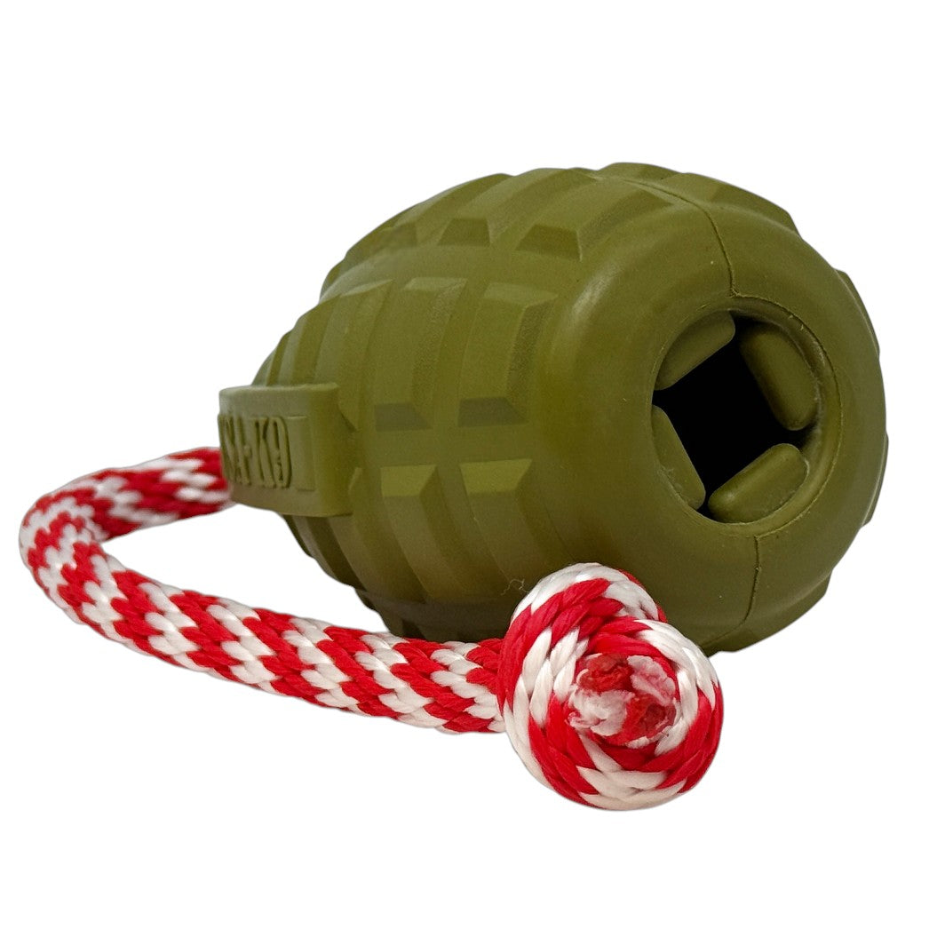 USA-K9 Grenade Shaped Rubber Dog Toy - Chew, Treat Dispenser & Tug Toy | USA - Army Green
