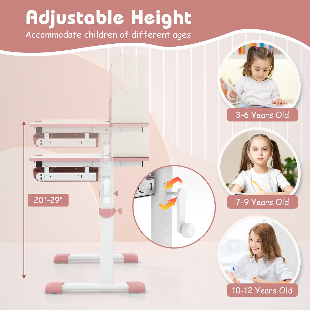Height Adjustable Kids Study Desk with Tilt Desktop-Pink