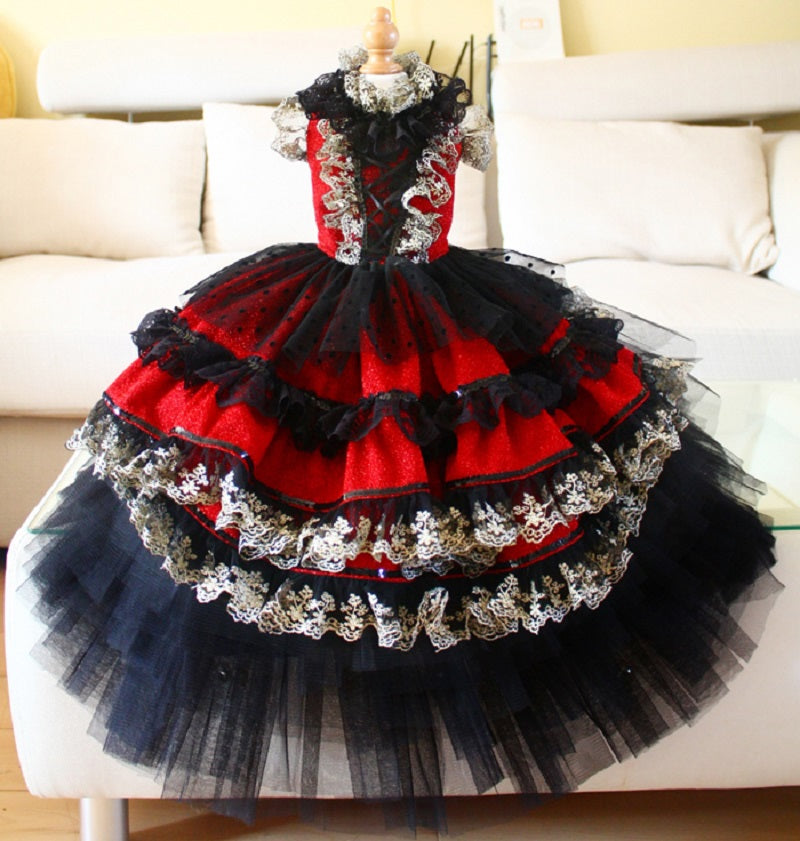 Red Gothic Princess Dog Dress with Black Lace Ball Gown