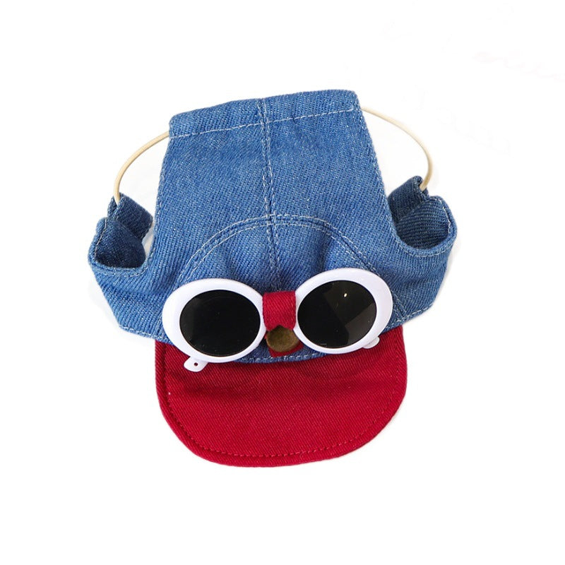 Denim Pet Cap with Red Brim and Sunglasses