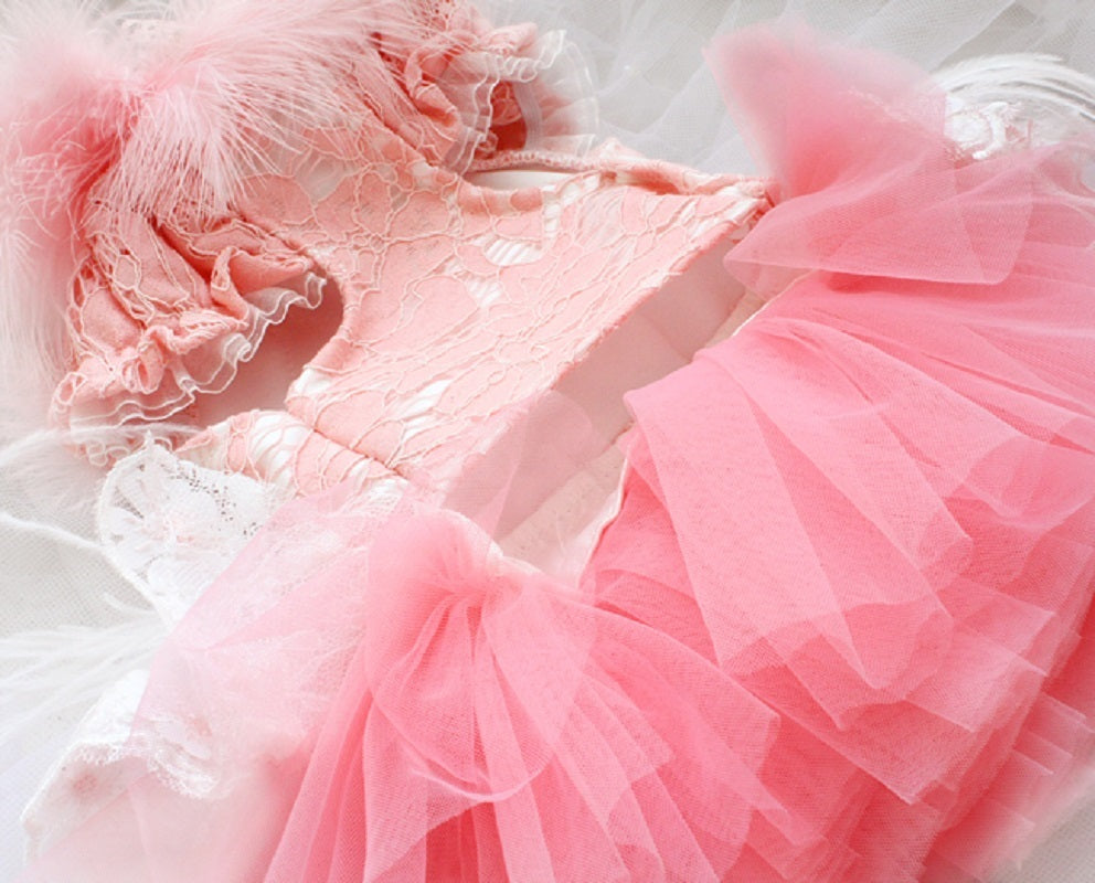 Pink Swan Feather Tutu Dog Princess Dress