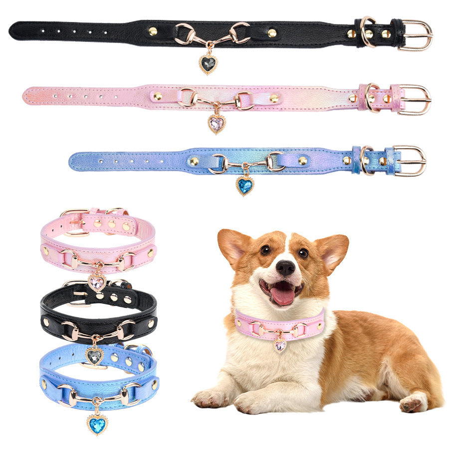 Adjustable PU Leather Dog Collar with Crystal Heart Charm