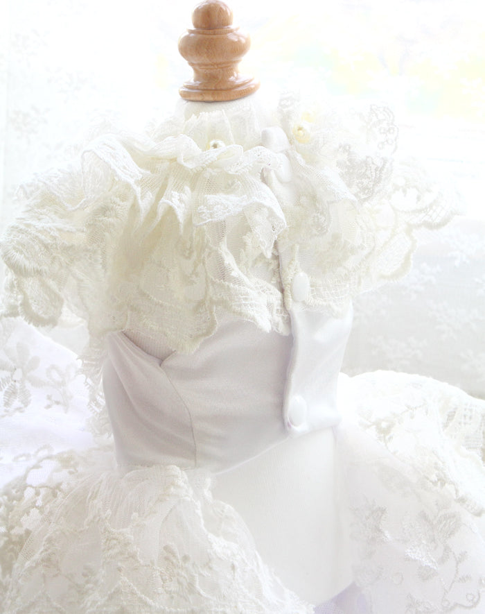 Luxury Victorian Lace Dog Gown with Pearl Bridal Detail