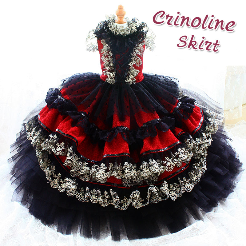 Red Gothic Princess Dog Dress with Black Lace Ball Gown