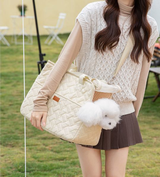 Cream Quilted Pet Carrier Bag