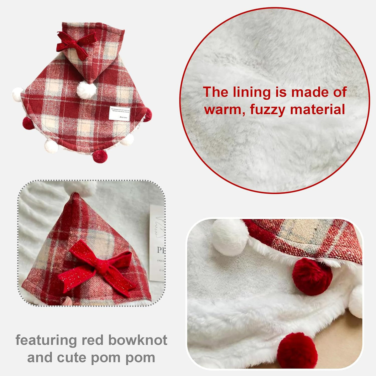 Plaid Pet Hooded Cape with Fuzzy Lining & Pom-Poms