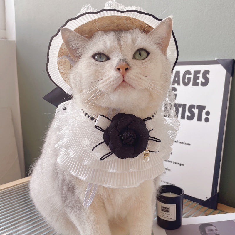 White Lace Straw Pet Hat with Black Bow