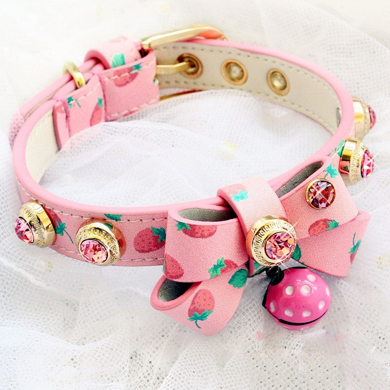 Handmade Strawberry Dog Collar Leash Sets Calf Leather Adjustable