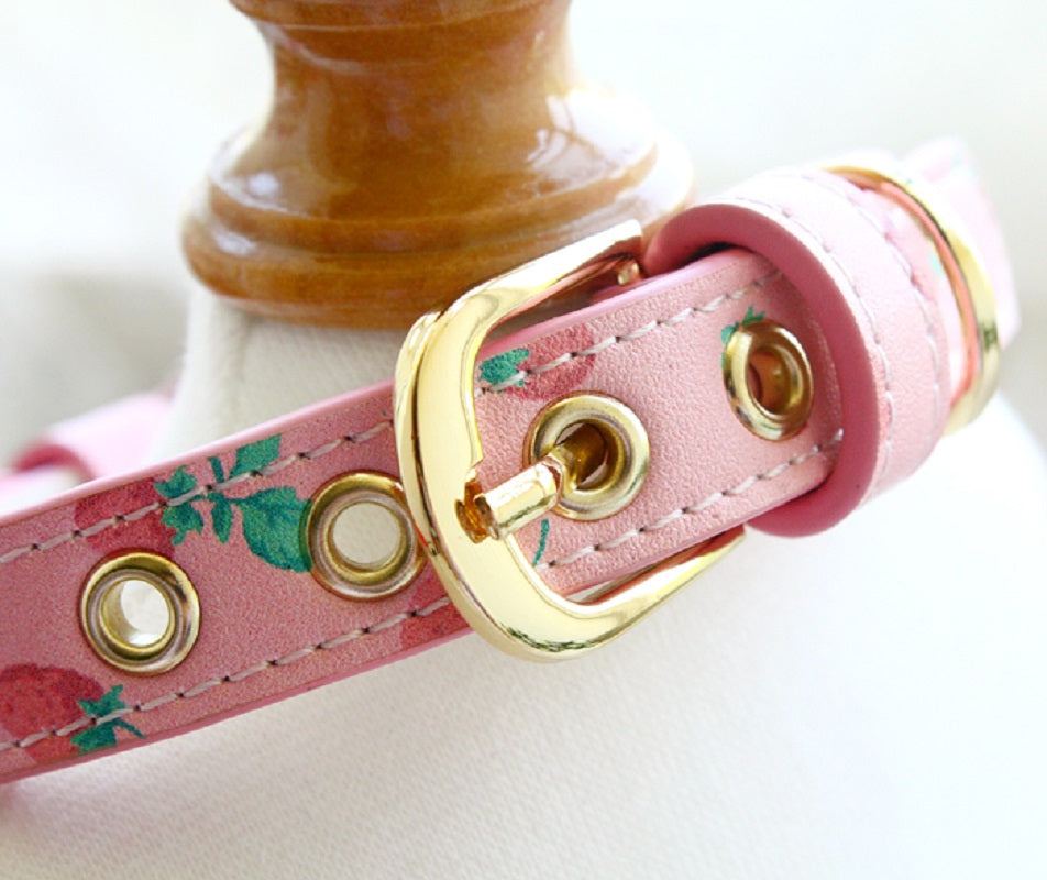 Handmade Strawberry Dog Collar Leash Sets Calf Leather Adjustable