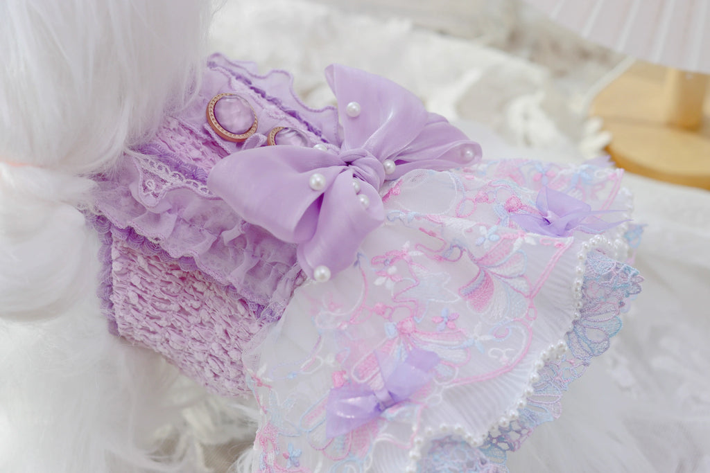 Purple Lace Pearl Bow Dog Dress