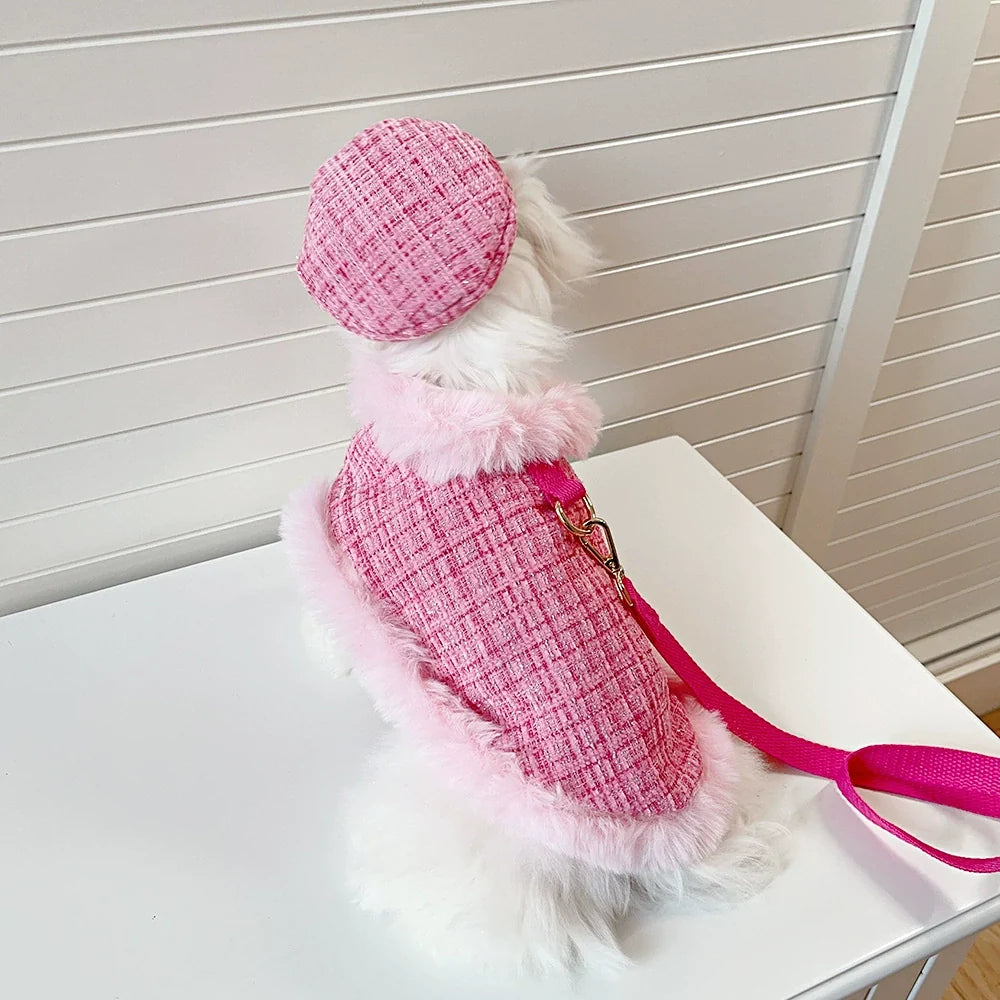 Pink Tweed Dog Cape, Hat and Leash Set