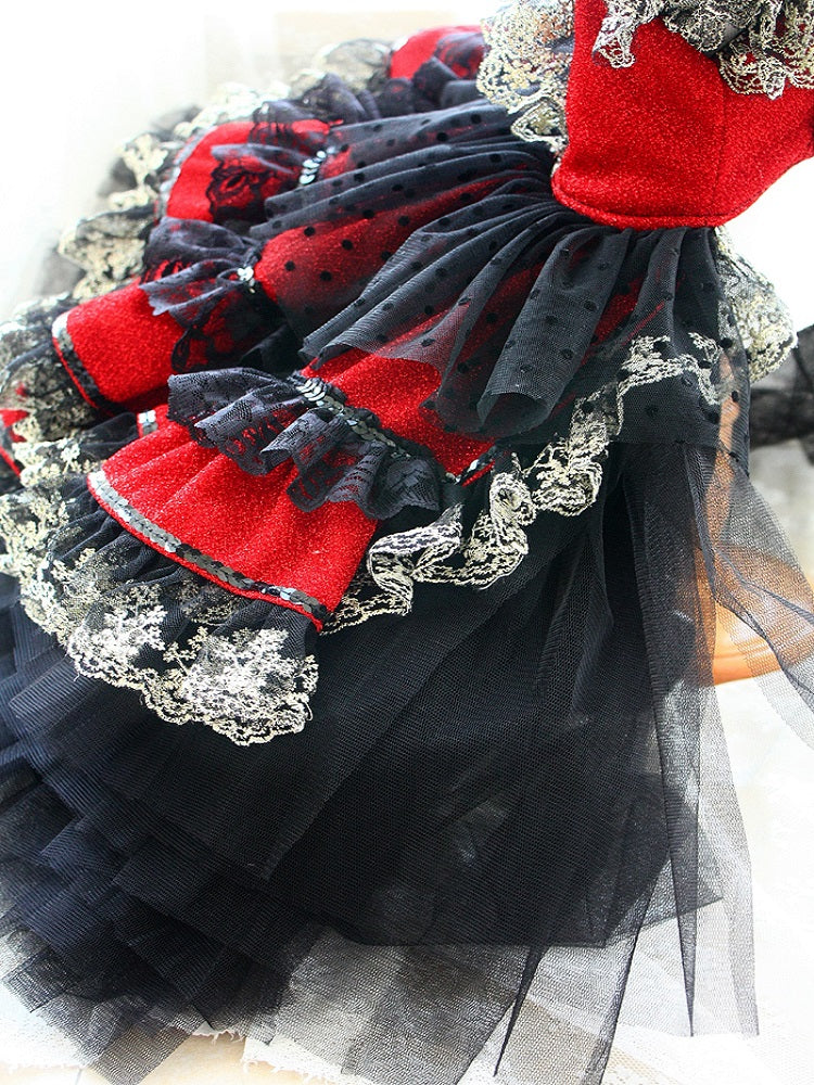 Red Gothic Princess Dog Dress with Black Lace Ball Gown
