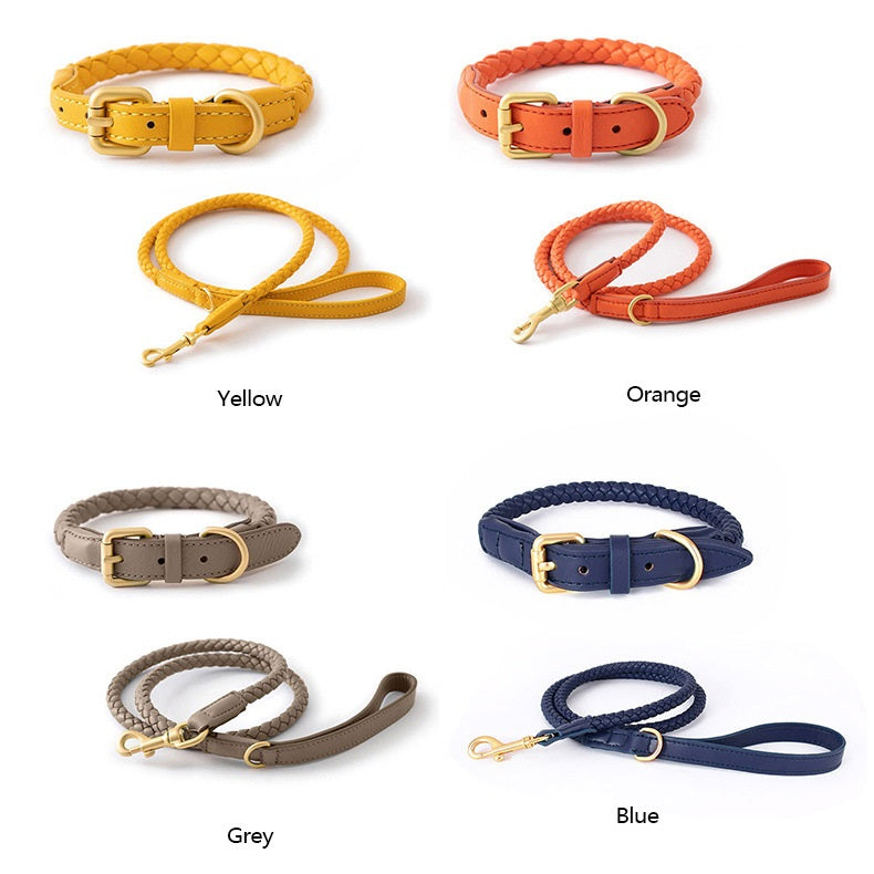 Boutique Braided Leather Dog Collar + Leash Set – Eco-Friendly, Durable, Stylish