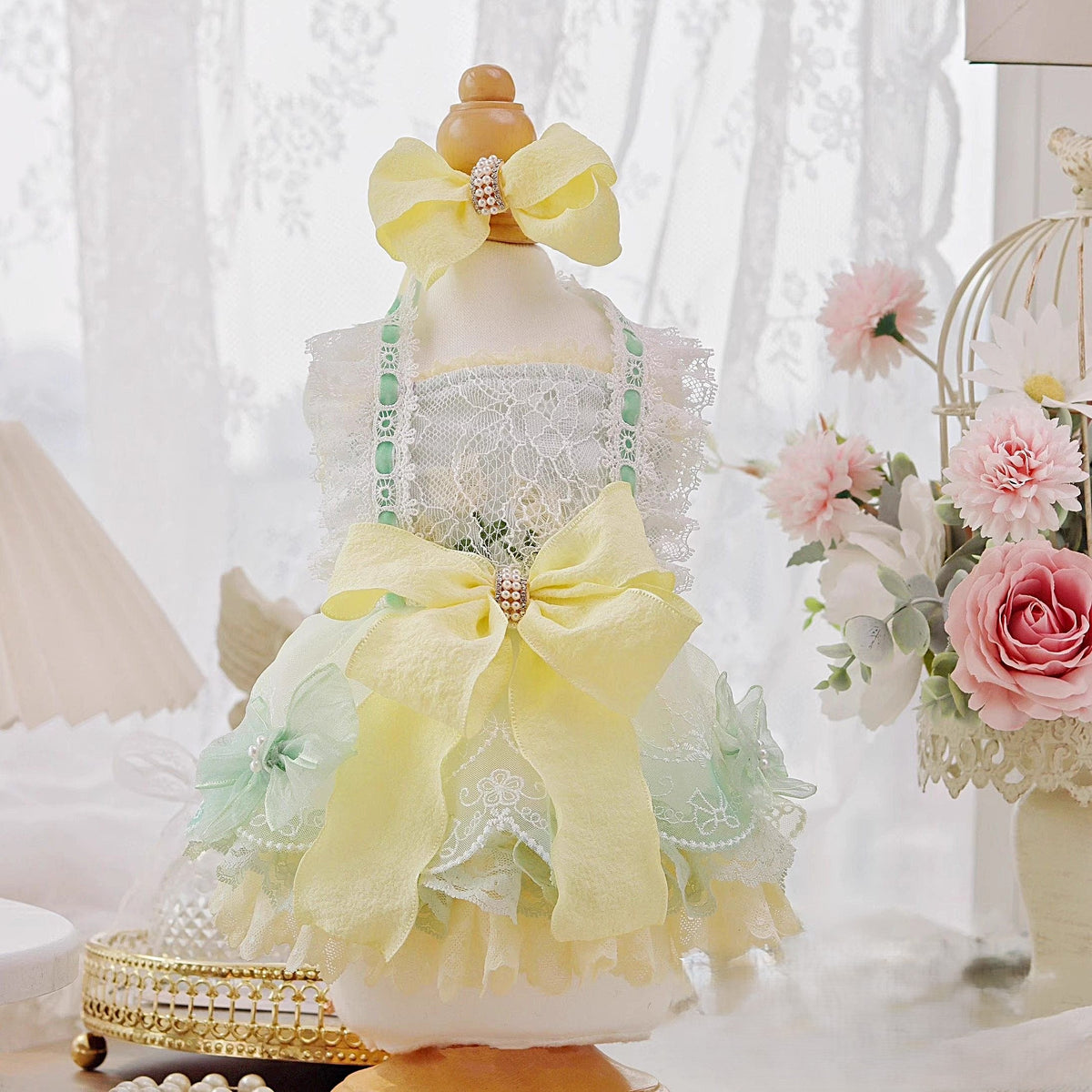 Yellow Lace Bowknot Dog Dress