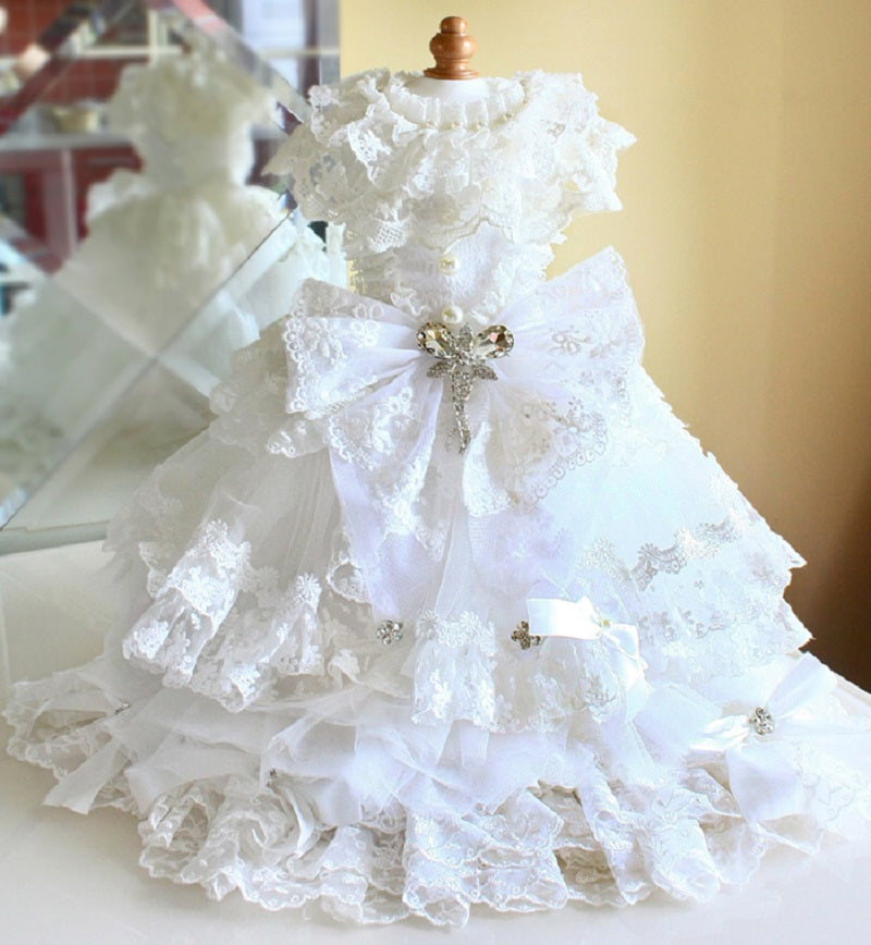 Luxury Victorian Lace Dog Gown with Pearl Bridal Detail