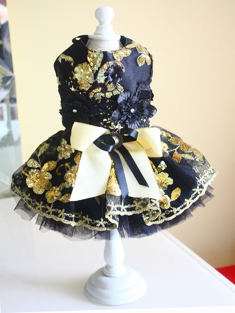 Black and Gold Floral Sequin Tutu Dog Dress