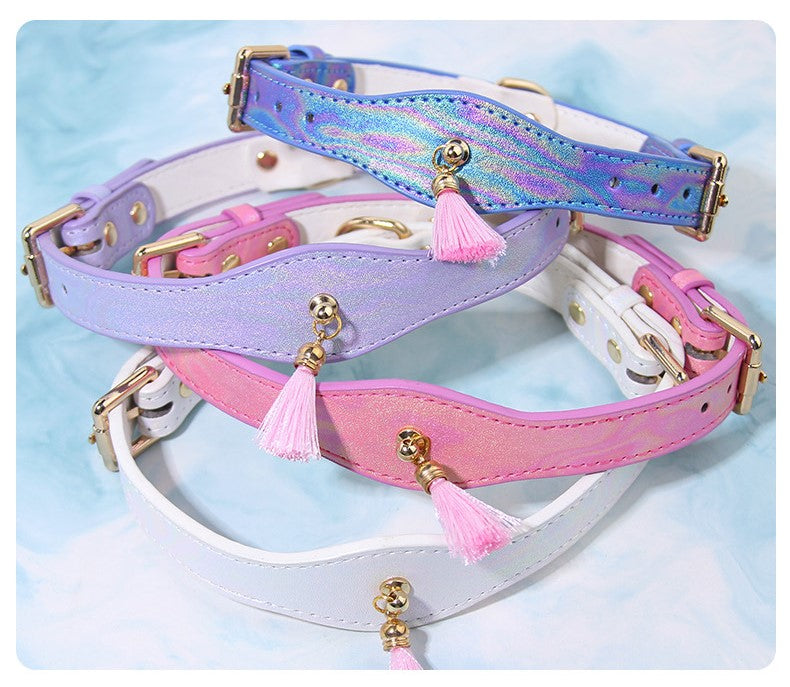 Iridescent Tassel Dog Collar – Adjustable Leather Collar for Medium to Large Dogs