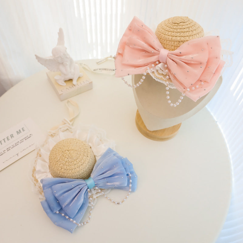 Lace Bow Straw Pet Hat