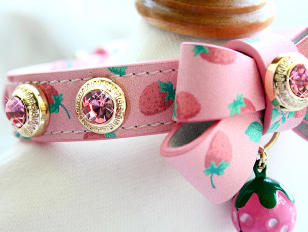 Handmade Strawberry Dog Collar Leash Sets Calf Leather Adjustable