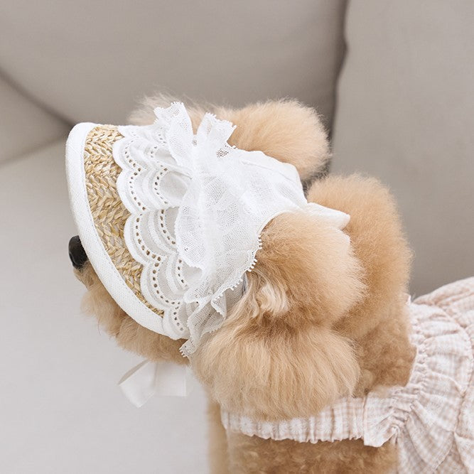 White Lace Straw Pet Hat