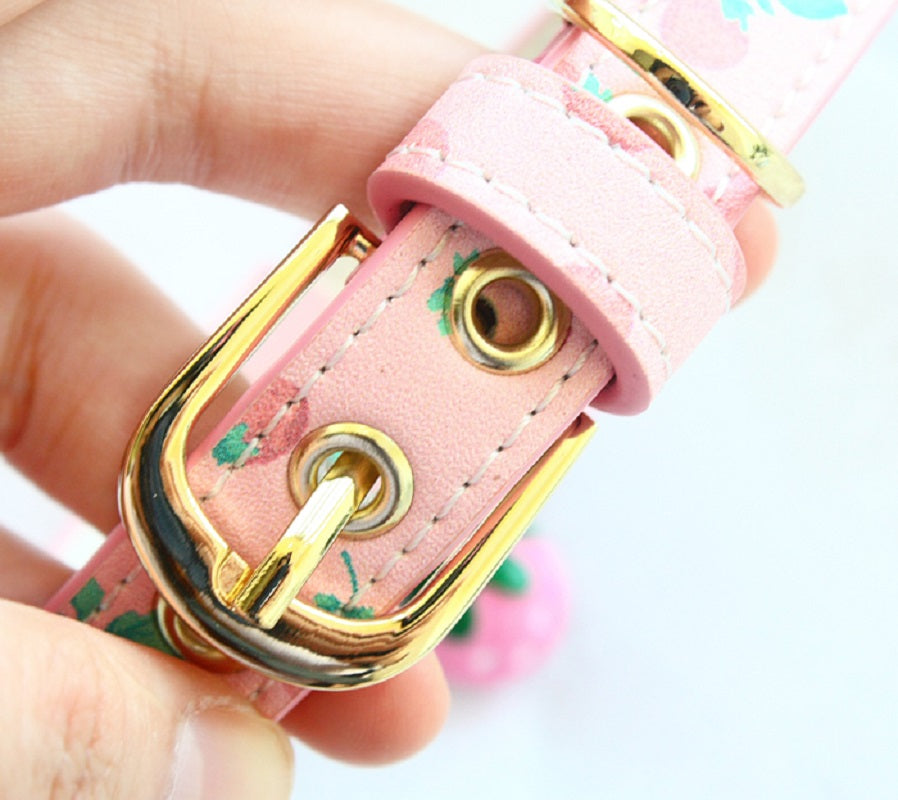 Handmade Strawberry Dog Collar Leash Sets Calf Leather Adjustable
