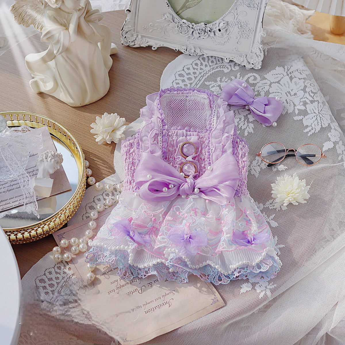Purple Lace Pearl Bow Dog Dress