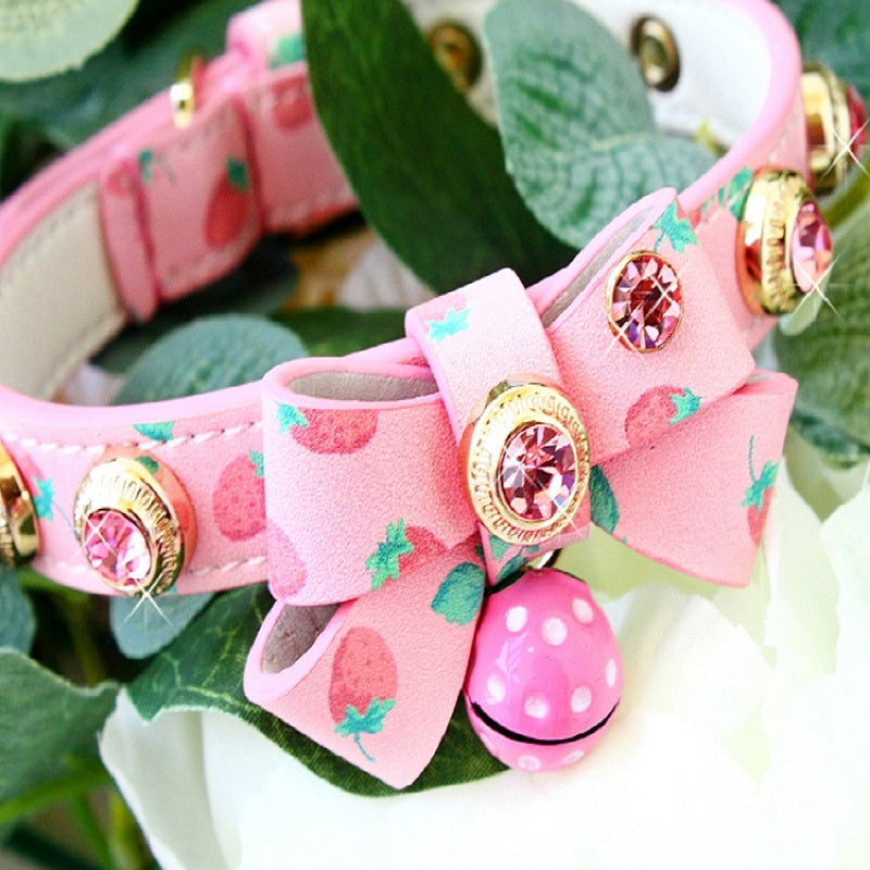 Handmade Strawberry Dog Collar Leash Sets Calf Leather Adjustable