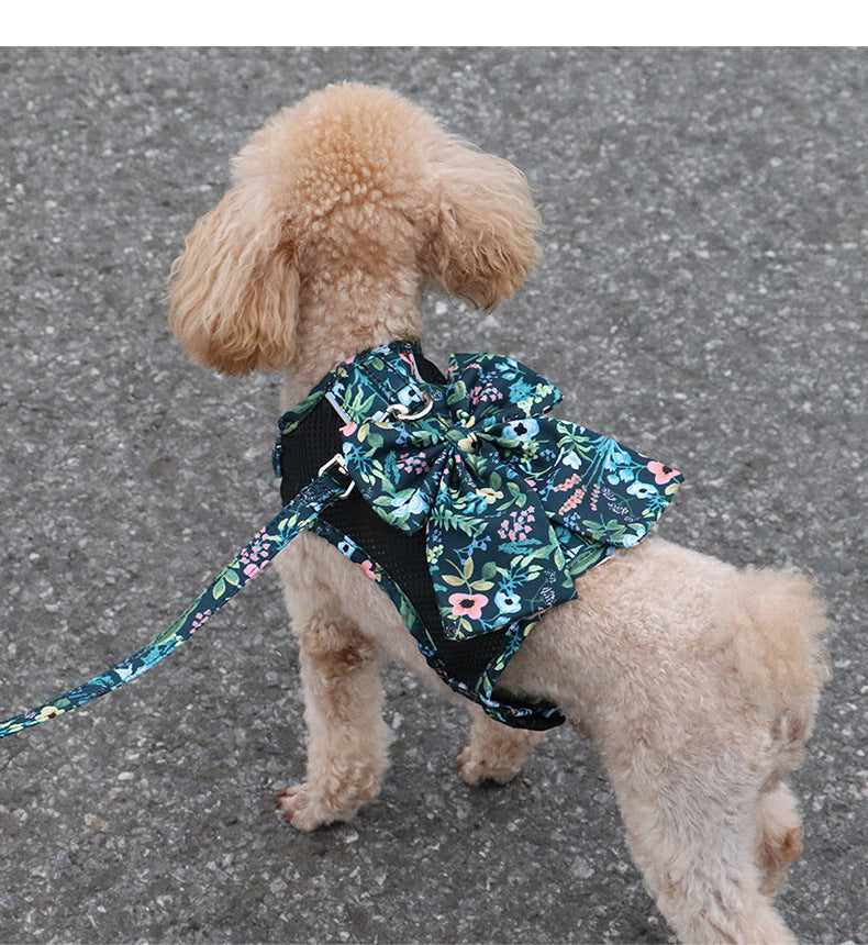 Floral Bow Mesh Dog Harness Dress with Leash